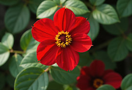 Rote Dahlienblüte mit grünem Laub