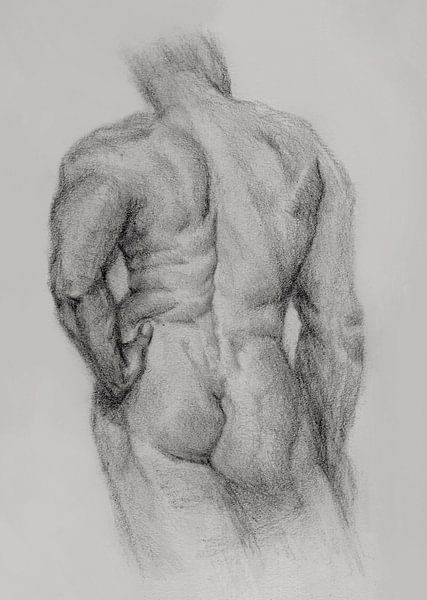 Sketch Man Nude vue arrière gris noir par Krista Kitsz Art