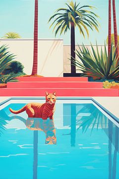 Rode kat in het blauwe zwembad van Frank Daske | Foto & Design