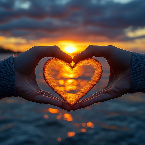 hands shaping a heart around a soft, warm sunset on the horizon by de-nue-pic
