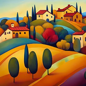 Paysage coloré de Toscane en automne, art naïf sur Jan Bechtum
