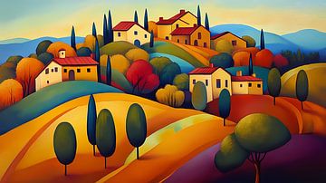 Paysage coloré de Toscane en automne, art naïf