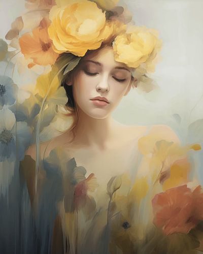 Poëtisch portret van een jonge vrouw met bloemen