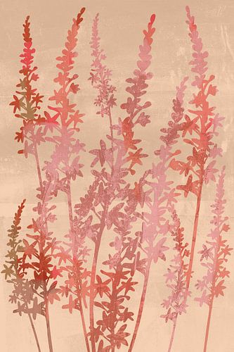 Pastelroze, oranje, bruine bloemen op beige