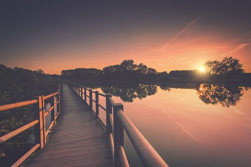 Houten loopbrug in de zonsondergang