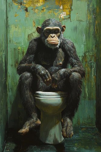 Reflective Chimpanzee in Rustic Bathroom Toilet