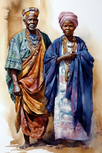 Afrika Aquarel Man en Vrouw van Preet Lambon