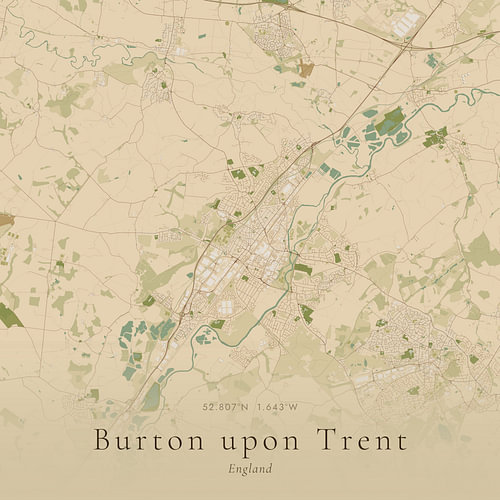 Vintage landkaart van Burton upon Trent, United Kingdom