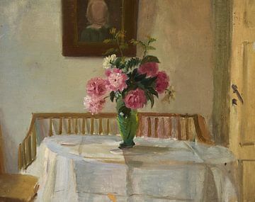 Anna Ancher, Interieur van Ancher's huis met roze chrysanten op een tafel, 1890 van Atelier Liesjes