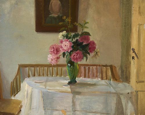 Anna Ancher, Interieur van Ancher's huis met roze chrysanten op een tafel, 1890