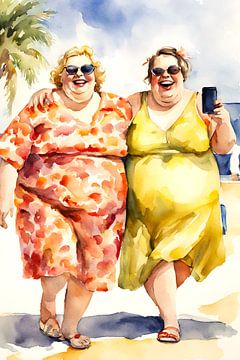 2 gezellige dames wandelend op een strand van De gezellige Dames