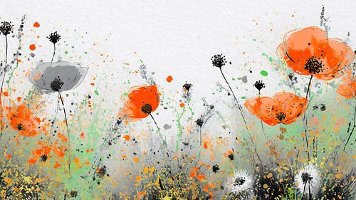 Modern  Abstract. Klaprozen in de berm in rustige tinten