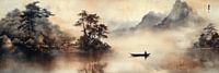 Mistige bergen en roeiboot op stil water Japandi panorama
