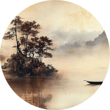 Mistige bergen en roeiboot op stil water Japandi panorama van Digitale Schilderijen