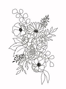 Lijntekening zwart witte bloemen van KPstudio