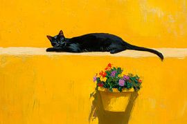 Black cat against a yellow background by Poster Art Shop