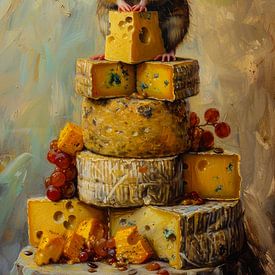 Gemälde mit einer niedlichen Maus auf einem Käseturm von But First Framing