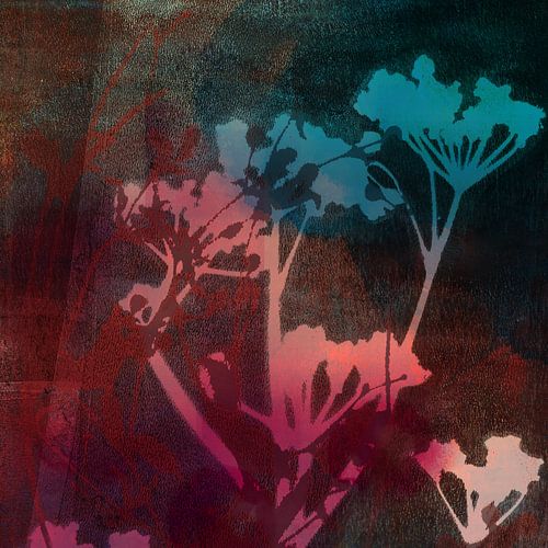 Abstrait botanique moderne. Fleurs en rouge néon, bleu et rouille.