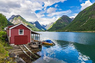 Uitzicht over de Fjærlandfsjord met een rode houten hut in Noorwegen van Rico Ködder