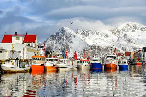 Vissersboten in de haven van Henningsvaer in de Lofoten in Noorwegen