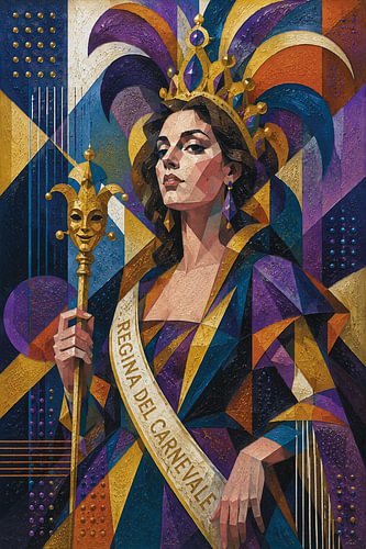 A colourful cubist painting of the Carnival Queen.