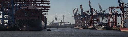 Containerterminal in de haven van Hamburg vroeg in de ochtend