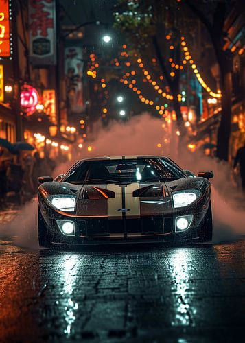 Ford GT in een regenachtige cyberpunk steeg