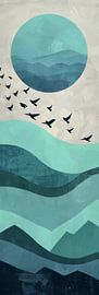 Blue sunrise with birds - Minimalist landscape art by Poster Art Shop