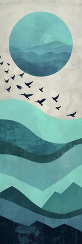 Blauwe zonsopgang met vogels - Minimalistische landschapskunst