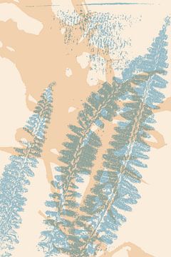 Abstracte botanische kunst. Varenbladeren in lichtblauw op beige. van Dina Dankers