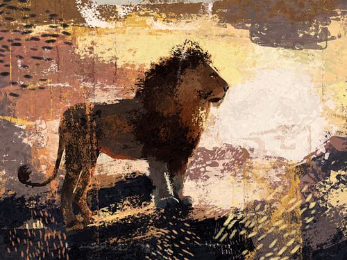 Big 5 - leeuw in ruwe tekenstijl - zonsondergang in oranje taupe en zwart