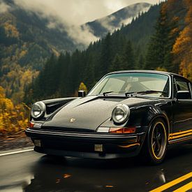 Zwarte Porsche in berglandschap_2 van Bianca Bakkenist