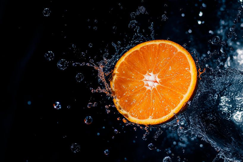 Orange in splash water on a black background by Poster Art Shop