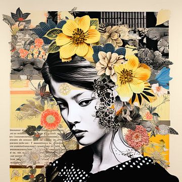 Portrait de femme collage de style japonais sur Vlindertuin Art