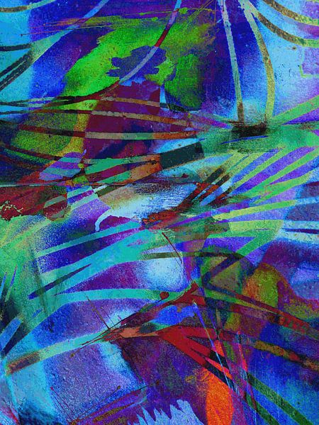 Modernes, abstraktes digitales Kunstwerk in Blau, Rot, Grün, Violett von Art By Dominic