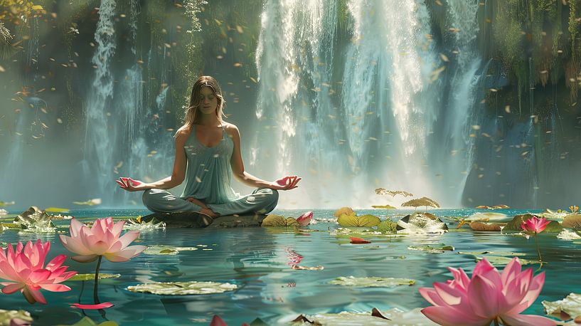 femme en méditation devant une cascade par Egon Zitter