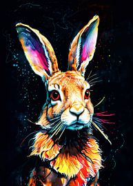 Europese haas neon aquarelkunst – Dynamische wanddecoratie met dierenmotief
