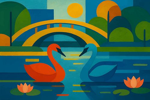 Zwanen in een prachtig park geometrische illustratie.