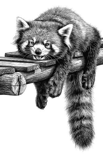 Slapende rode panda op boomstam Vintage lijntekening