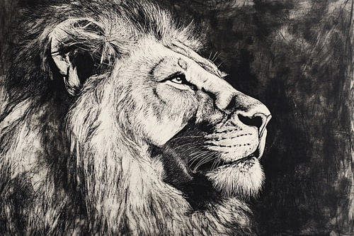 Black-and-white lion portrait in detail