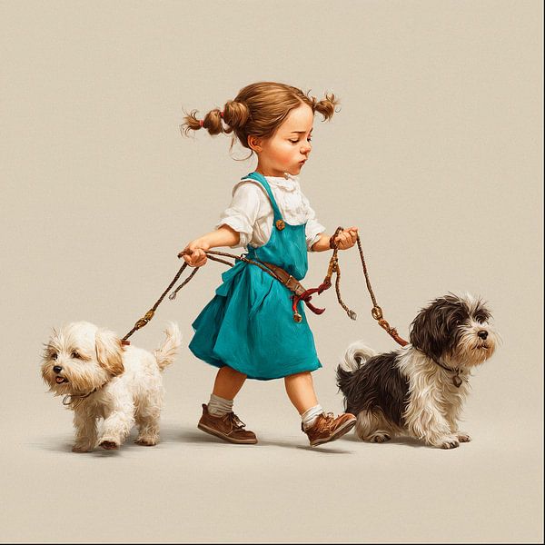 Mädchen mit blauem Kleid und flauschigen Hunden von Joost Berndes