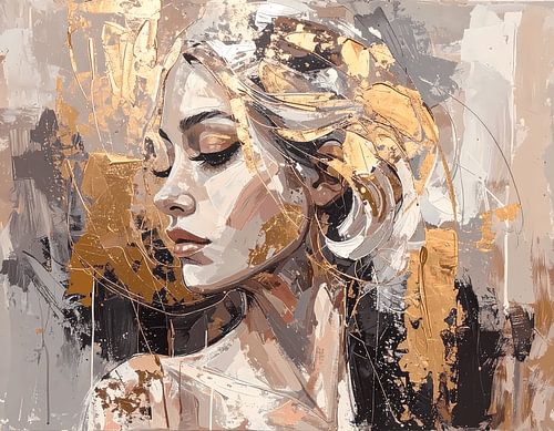 Kunstwerk Frauenprofil in Gold- und Erdtönen