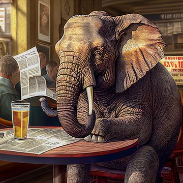 Elephant in a bar reading the newspaper Illustration 01 by Animaflora PicsStock
