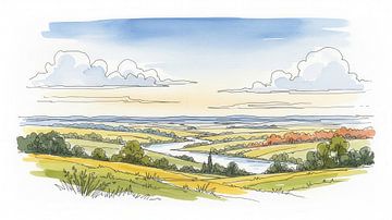 Aquarell-Landschaft mit Fluss und Feldern von Markus Gann