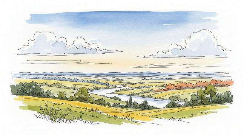Aquarell-Landschaft mit Fluss und Feldern von Markus Gann