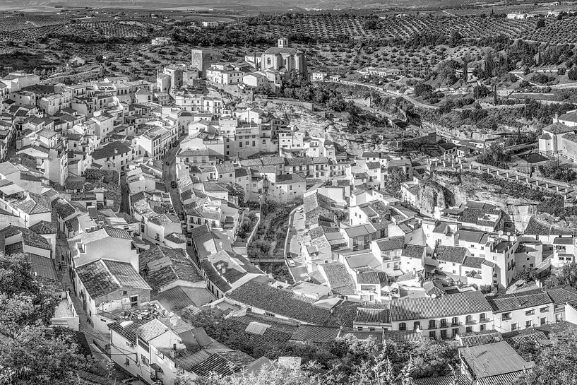 White mountain village in Andalusia in black and white sunlight by Manfred Voss, Black-White Photography