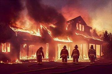 Brandend huis met brandweer illustratie van Animaflora PicsStock