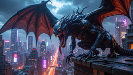 Dark Fantasy Art Wandbild: VIGILORN – Ein Gargoyle auf den Dächern der Großstadt von INFERAURUM - Dark Fantasy Wall Art & Poster