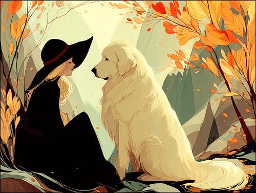 Autumn Leaves under the Pyrenean Mountain Dog