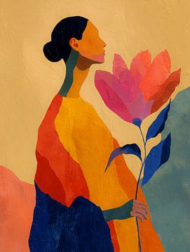 Abstract portret van vrouw met grote bloem in warme en kleurrijke schilderstijl